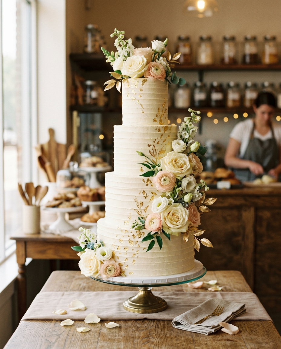 Elegant tiered celebration cake with golden decorative details